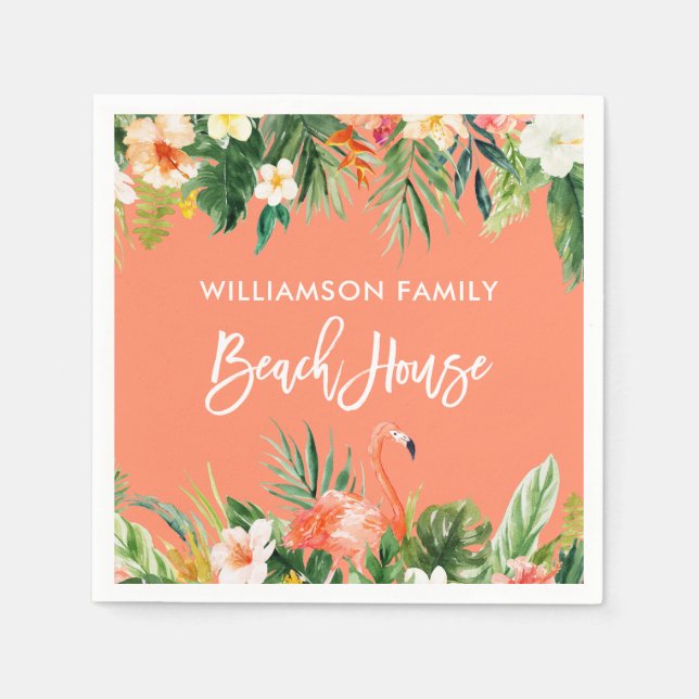 Servilleta De Papel Pincel Script Tropical Coral Floral Beach House (Anverso)