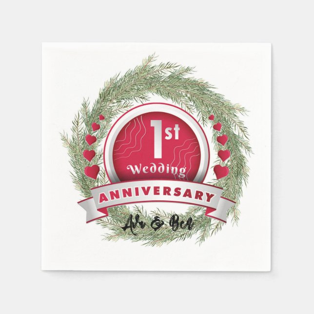 Servilleta De Papel Pine Needle Wreath Red Primer Aniversario Boda (Anverso)
