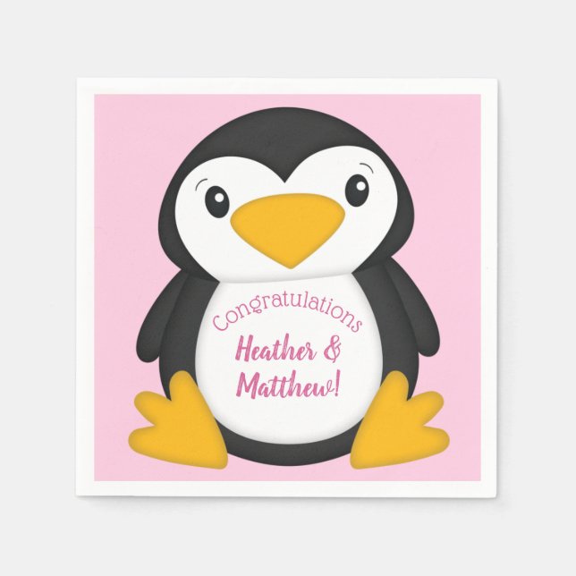 Servilleta De Papel Pingüino Baby Shower Pink (Anverso)