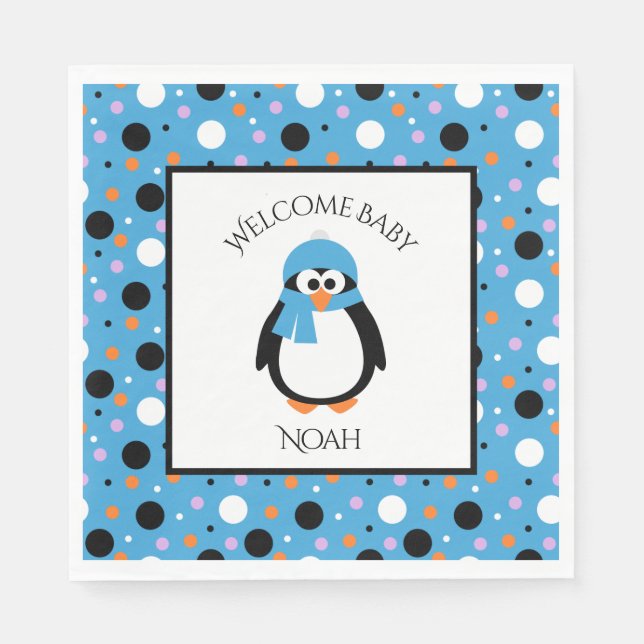 Servilleta De Papel Pingüino con Gorra azul y bufanda en Polkadots (Anverso)