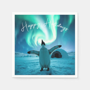Servilleta De Papel Pingüino de Felices Fiestas Bajo las Luces del Nor