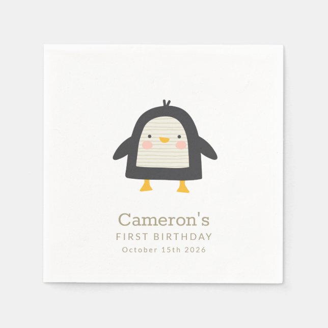 Servilleta De Papel Pingüino de Invierno Cuto Simple Primer Cumpleaños (Anverso)