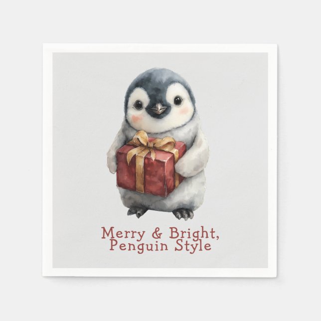 Servilleta De Papel Pinguino de Navidad Alegre y Brillante (Anverso)