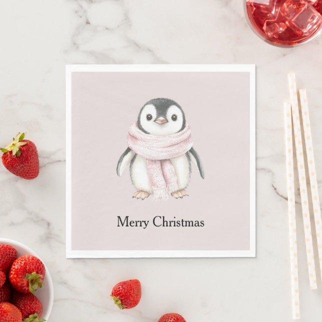 Servilleta De Papel Pingüino de Navidad con Bufanda Rosa (In situ)