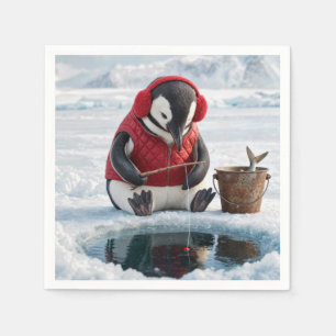 Servilleta De Papel Pingüino de Navidad pescando en el hielo en un gla