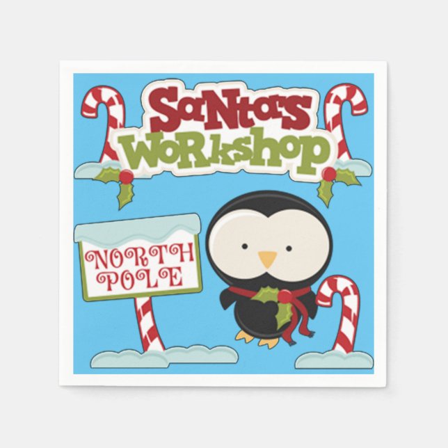 Servilleta De Papel Pingüino del taller de Santa Claus (Anverso)