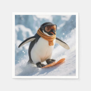 Servilleta De Papel Pingüino descendiendo en snowboard