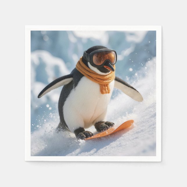 Servilleta De Papel Pingüino descendiendo en snowboard (Anverso)