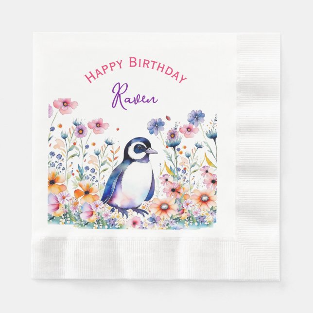 Servilleta De Papel Pingüino en Chica de flores Cumpleaños personaliza (Anverso)