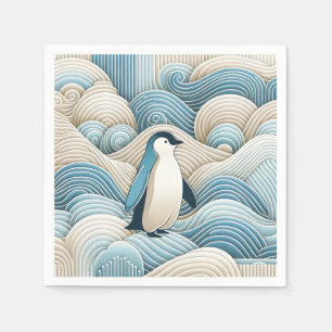 Servilleta De Papel Pingüino En Ondas Abstractas De Crema Azul