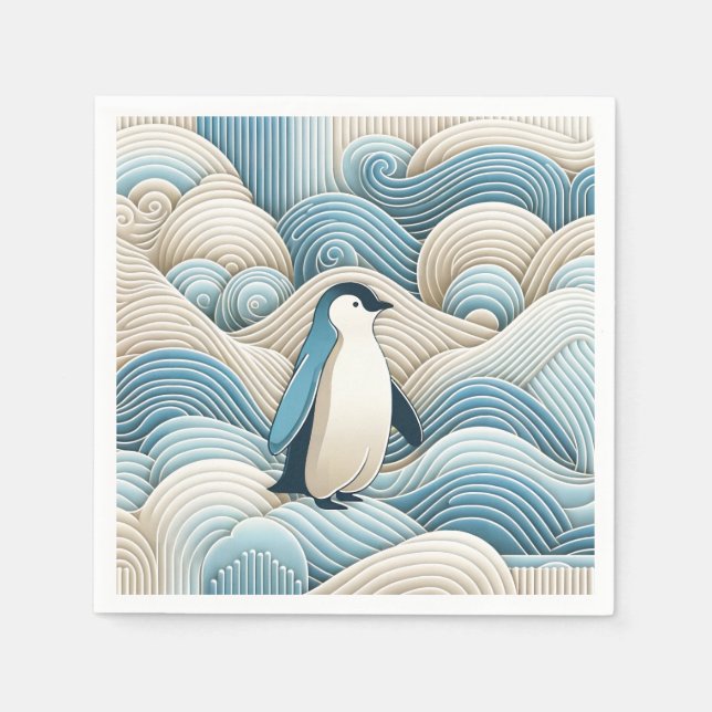 Servilleta De Papel Pingüino En Ondas Abstractas De Crema Azul (Anverso)