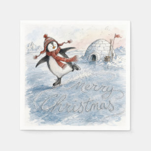 Servilleta De Papel Pinguino Feliz Navidad sobre Patines de Hielo
