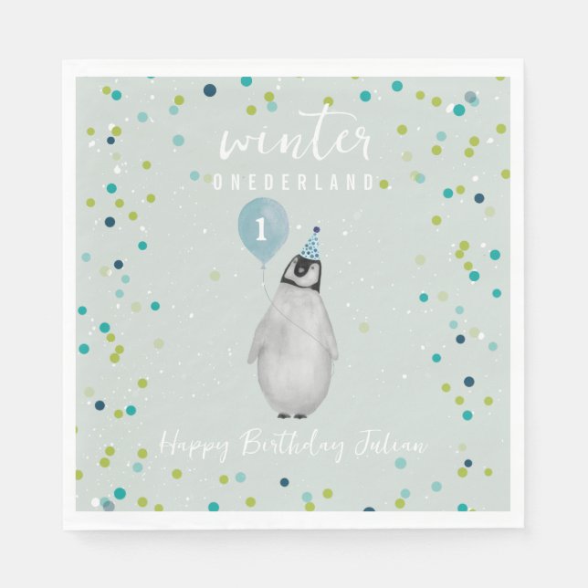 Servilleta De Papel Pingüino globo de cumpleaños azul de Onederland (Anverso)
