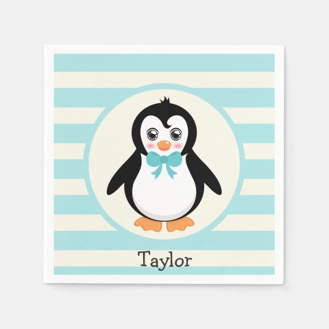 Servilleta De Papel Pingüino lindo con Bowtie turquesa (Anverso)