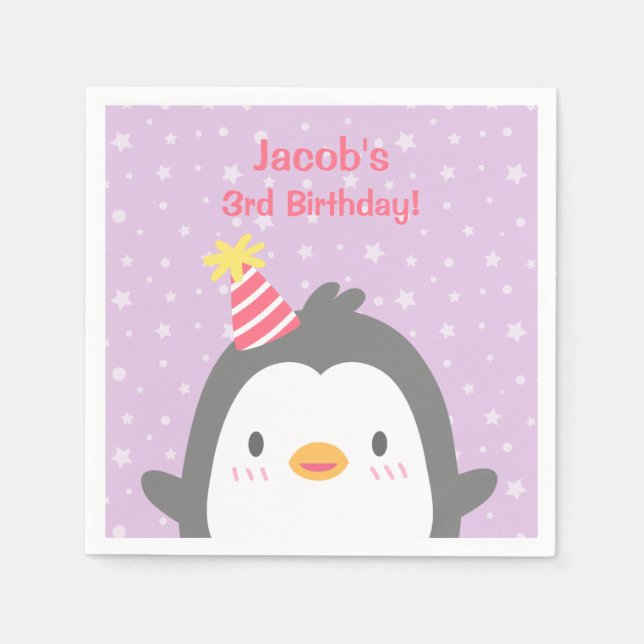 Servilleta De Papel Pingüino lindo con fiesta de cumpleaños púrpura Go (Anverso)