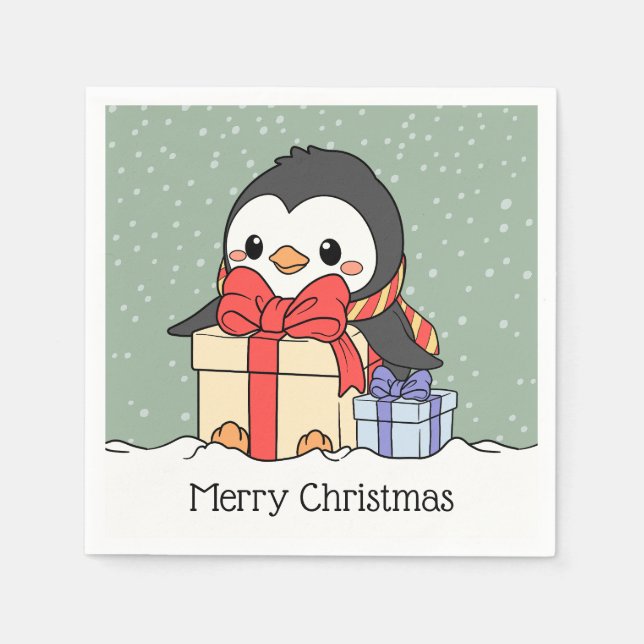Servilleta De Papel Pingüino lindo con regalos de Navidades en la neva (Anverso)
