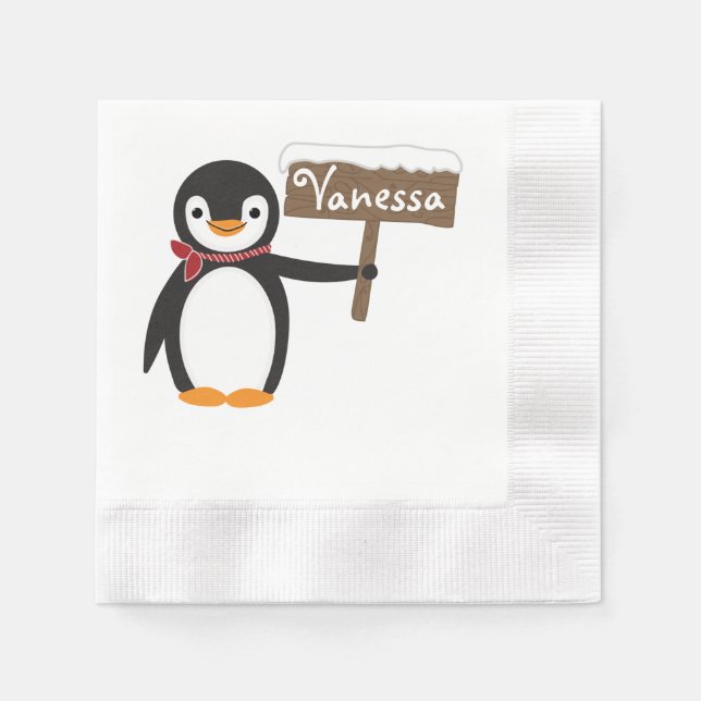 Servilleta De Papel Pingüino lindo con Rótulo de estafa y madera (Anverso)