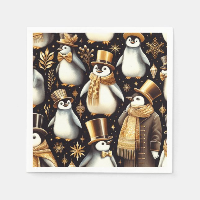 Servilleta De Papel Pingüino negro y dorado (Anverso)