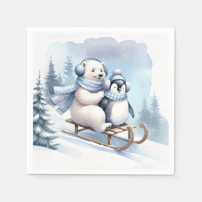 Servilleta De Papel Pingüino y oso polar en una espoleta (Anverso)