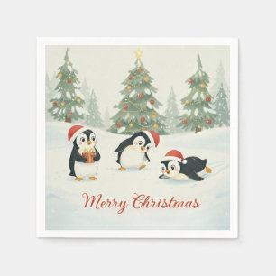 Servilleta De Papel Pingüinos adorables de acuarela Bosque de Navidad