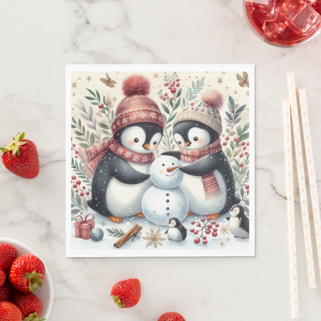 Servilleta De Papel Pingüinos Construyendo Un Snowman (In situ)