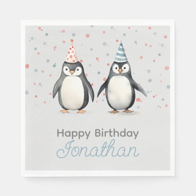 Servilleta De Papel Pingüinos fiestas, acuarela, cumpleaños de niños (Anverso)