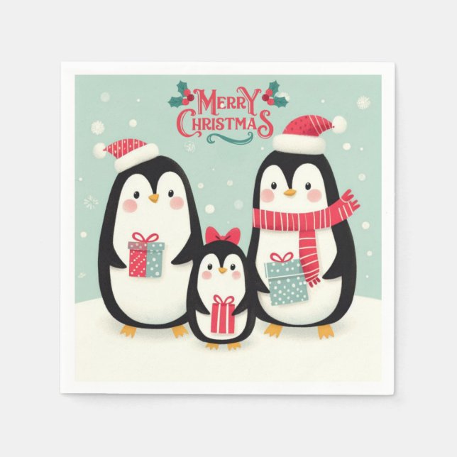 Servilleta De Papel Pingüinos nevados de Feliz Navidad (Anverso)