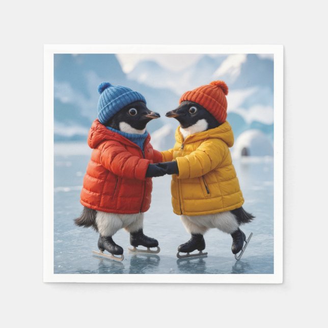 Servilleta De Papel Pingüinos patinando sobre hielo (Anverso)