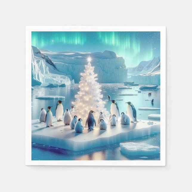 Servilleta De Papel Pingüinos reunidos alrededor de un árbol de Navida (Anverso)