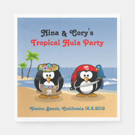 Servilleta De Papel Pingüinos Tropicales Pareja Playa Isla Pirata Hula