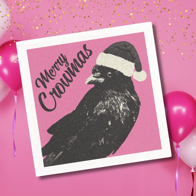 Servilleta De Papel Pink and Black Merry Crowmas Christmas Holiday  (Fun Merry Crowmas pink and black crow Christmas party cocktail napkins will make guests smile. )