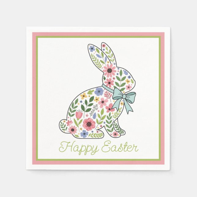Servilleta De Papel Pink and Blue Wildflower Easter Rabbit (Anverso)