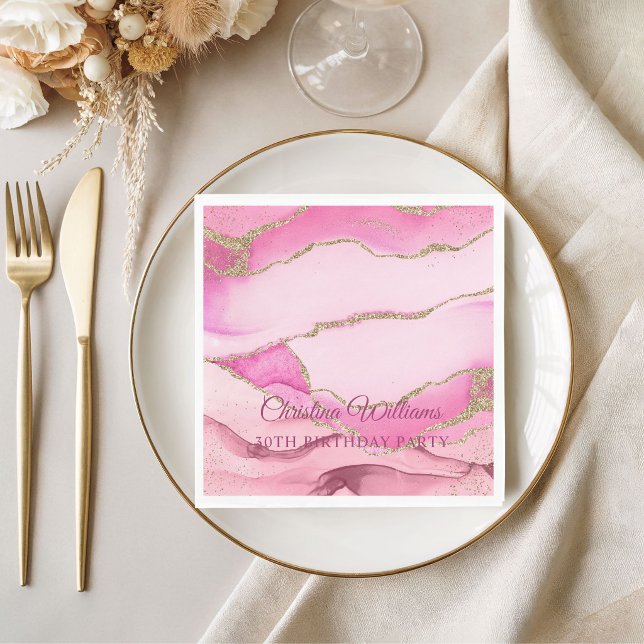 Servilleta De Papel Pink and Gold Marble Birthday Party (Elegant Pink and Gold Birthday Party Napkins)