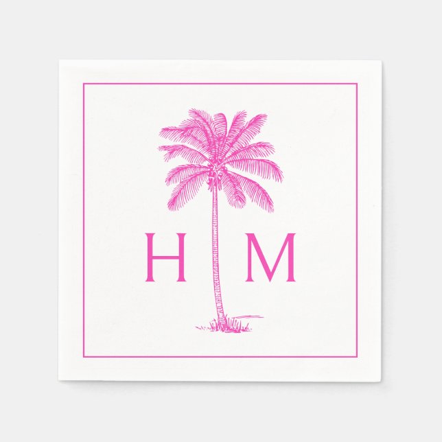 Servilleta De Papel Pink and White Palm Palmetto Tree Monogram (Anverso)
