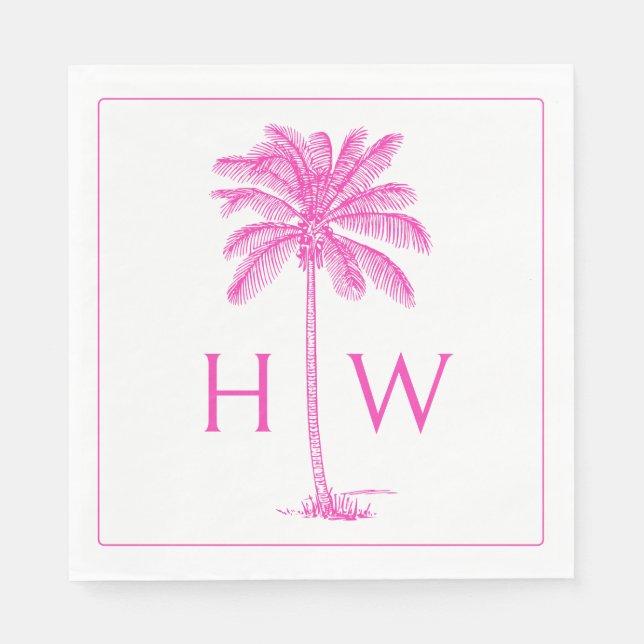 Servilleta De Papel Pink and White Palm Palmetto Tree Monogram (Anverso)