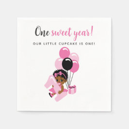 Servilleta De Papel Pink Balloon Black Baby Girl 1st Birthday