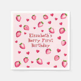 Servilleta De Papel Pink Berry First Birthday Party Strawberry Hearts