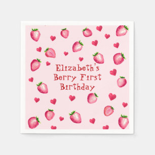 Servilleta De Papel Pink Berry First Birthday Party Strawberry Hearts