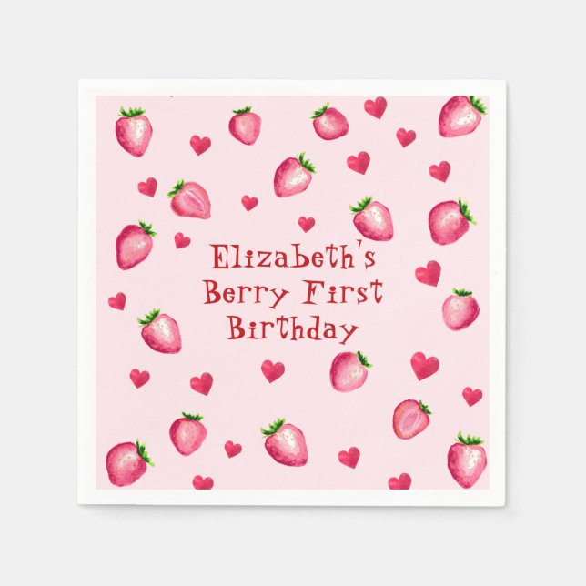 Servilleta De Papel Pink Berry First Birthday Party Strawberry Hearts (Anverso)