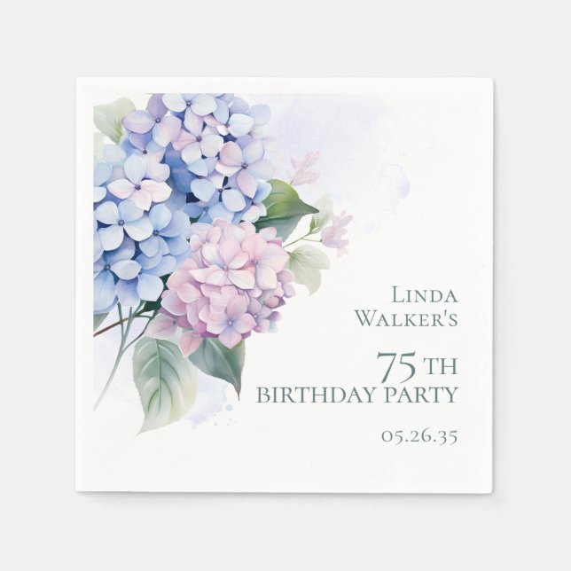 Servilleta De Papel Pink Blue Hydrangeas 75th Birthday Party (Anverso)