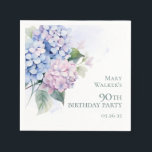 Servilleta De Papel Pink Blue Hydrangeas 90th Birthday Party<br><div class="desc">¡Estas hermosas hortensias, servilletas de cóctel de cumpleaños 90 son extravagantes e impresionantes! Con sus exquisitas hortensias azules, rosadas y púrpura con un suave lavado de acuarela detrás, son perfectas para celebrar la fiesta de cumpleaños número noventa de tu ser querido. Seleccionando Personalizar esta plantilla y tecleando su información puede...</div>