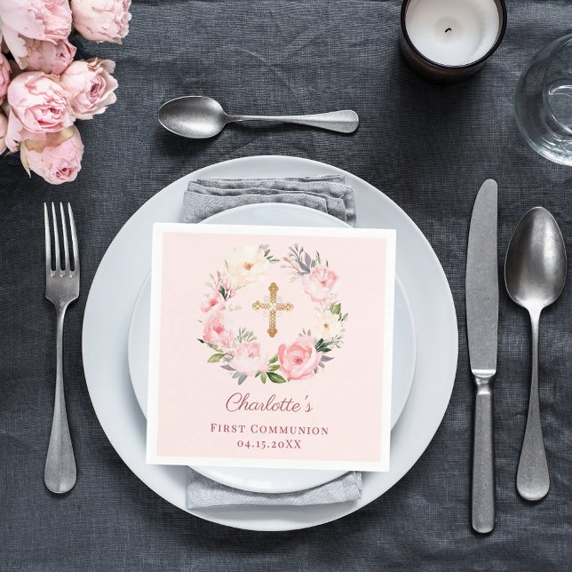 Servilleta De Papel Pink blush floral wreath First Communion luncheon (Subido por el creador)