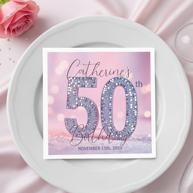 Servilleta De Papel Pink Bokeh Glam Silver Glitter 50th Birthday (Subido por el creador)