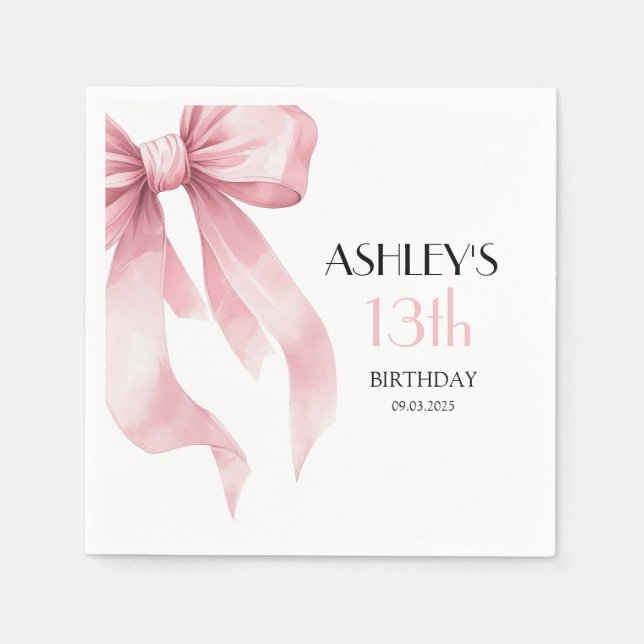 Servilleta De Papel Pink Bow 13th Birthday for Girls (Anverso)