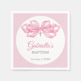 Servilleta De Papel Pink Bow Baptism Napkins Custom Watercolor Cross