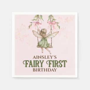 Servilleta De Papel Pink Bow Fairy First First Birthday Personalizado