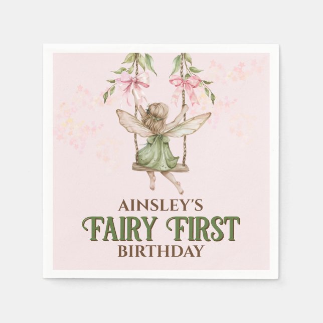 Servilleta De Papel Pink Bow Fairy First First Birthday Personalizado (Anverso)
