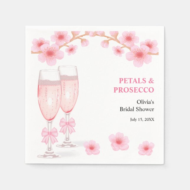 Servilleta De Papel Pink Bow Floral Petals and Prosecco Bridal Shower  (Anverso)
