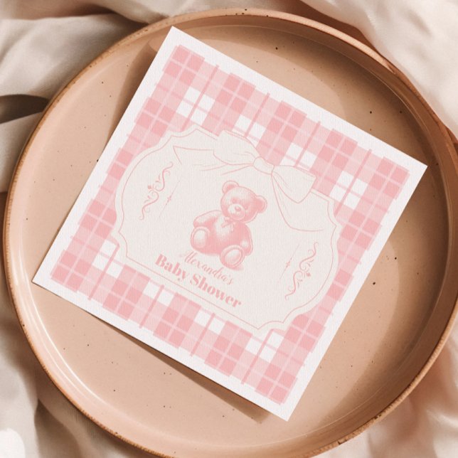 Servilleta De Papel Pink Bow Gingham French Teddy Bear Baby Shower (Subido por el creador)