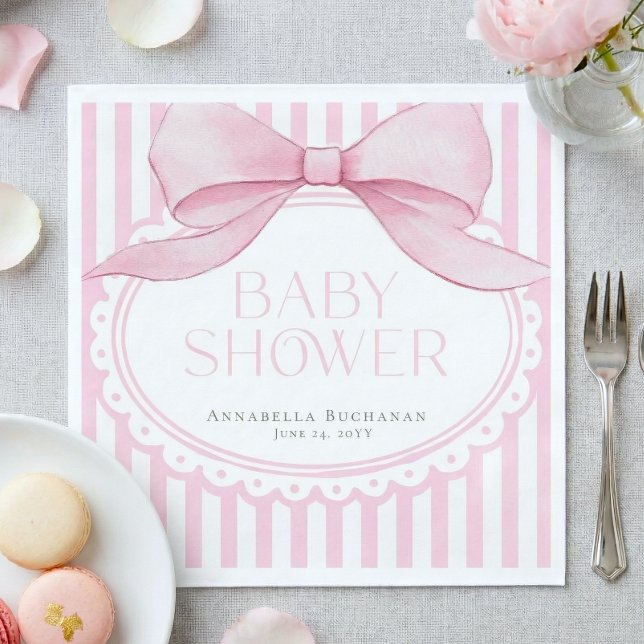 Servilleta De Papel Pink Bow Girl Coquette Striped Baby Shower  (Subido por el creador)